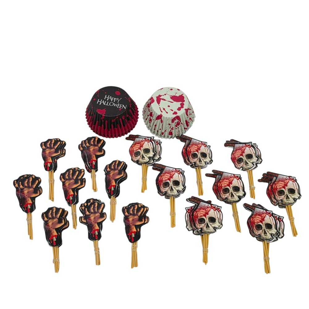 Halloween Cupcake Liners & Toppers Picks 192 Pc Lot Zombie Skull Horror Gory